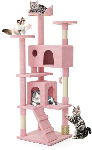 MoNiBloom Katzenbaum, 77 Zoll Katzenbaum Turm mit 2 Höhle, Hoher Katzenturm mit Kratzbaum, Katzenkletterturm, Katzenbaum für Indoor-Katzen, Weiches Rosa