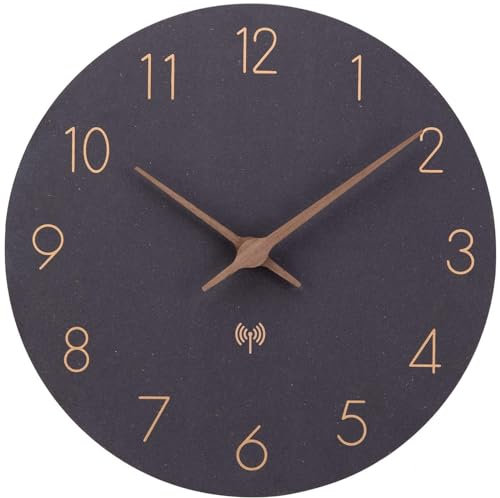 ACCSHINE Radio-Controlled Wall Clock MDF Wood Wall Clock Without Ticking Noises Silent 30 cm Quartz Battery Large Wall Clock Easy to Read for Room Home Kitchen Bedroom Office School (Black)