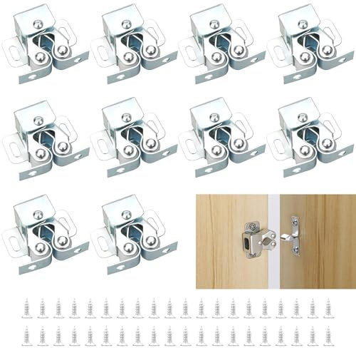 YEYIT Möbelschnäpper 10 Stück stark Schnäpper Double Roller Catch Schranktür Schrankverschlüsse mit Schrauben Schranktür Tür Latch Fang für Schränk Schranktüren Küche Silber