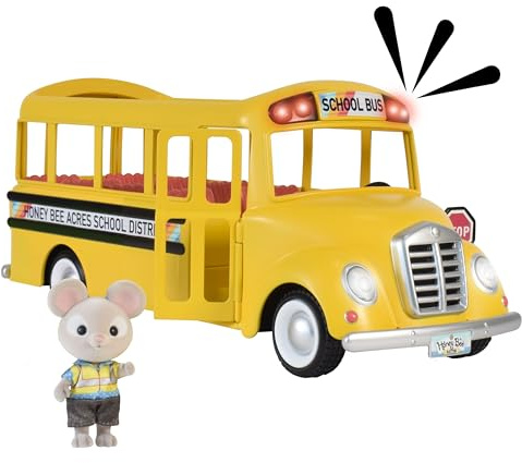 Honey Bee Acres Sunshine School Bus Vehicle with Lights, Sounds and Miniature Doll Figure, 2 Pieces, Ages 3+