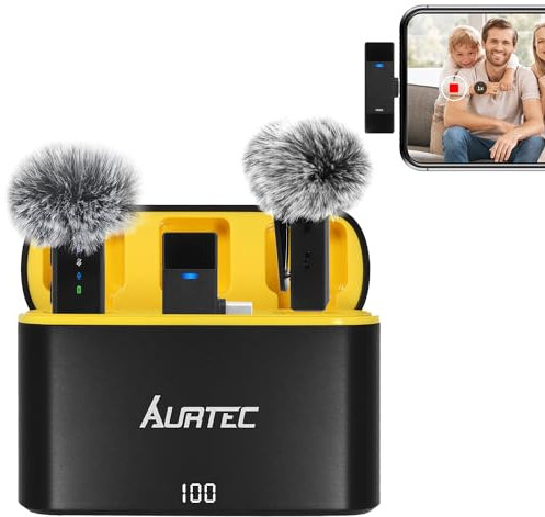 AURTEC Wireless Lavalier Microphone with Charging Case for Type C/USB C Phones, Set of 2, Plug & Play, 100 Ft Range, Noise Cancellation and Large Battery