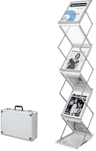 TUKA-i-AKUT Faltbar Prospektständer 6 Fächer A4 aus Alu / Acryl, Inkl. Aluminium Tragekoffer, Literaturständer Bodenprospektständer Magazinständer Falt-Prospektaufsteller, Silber, TKD8430-A4-Al