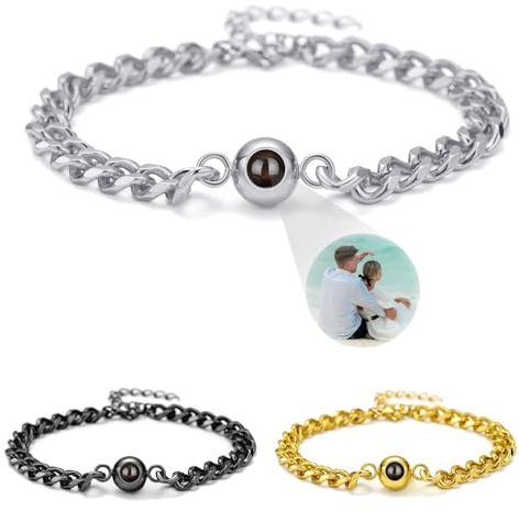 Wonvin Collection Personalisierte Projektion Armband mit Foto individuelles Bild und verschiedene in Stein Geschenke für Mama Papa Freund Freundin Männer Frauen Paare (Metall Rund)