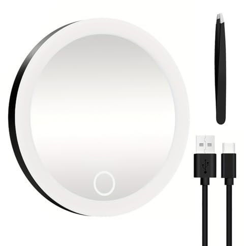 Espejo de aumento 10 cm, 30 aumentos, aumentos con luz LED, espejo maquillaje portátil iluminado pinzas, 20x 3 ventosas para ojos viaje, regalo Negro
