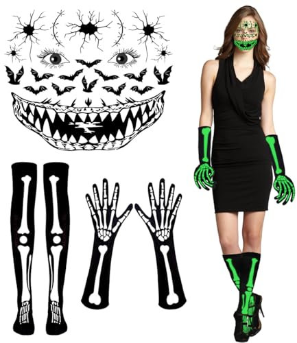 DRJCKOLOTH Grusel-Set Skelett-Handschuhe, Strümpfe, Gesicht-Tattoos, Arm-/Beinwraps & Gothic-Strumpfhosen | Halloween-Kostümzubehör für Cosplay & Horror-Partys