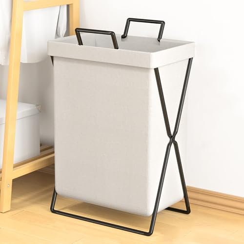 XGQXZWC Panier a Linge, Grand Panier à Linge Pliable, Paniere a Linge Sale Avec Poignée, Panier à Linge Sur Pied, Panier à Linge En Métal pour Buanderie, Salle de Bain, Chambre à Coucher(White)