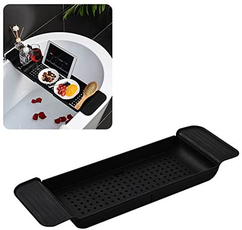 KIMISS Expandable Bathtub Tray, Black Plastic Bathroom Tray Table with Stable Placement and Draining Design, Bathtub Tray Organizer, Bathroom Tray (Black)