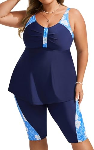 Hanna Nikole Maillot De Bain 2 Pièces pour Femme Grandes Tailles Tankini Gainant Le Ventre Col en U Push Up Taille Haute Fleurs Bleues 48