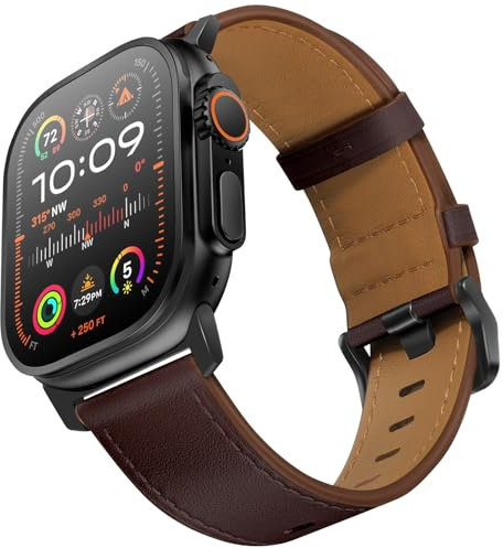 UUPWPOKT Compatible con Apple Watch Ultra 2/1 Band de 49 mm, 46 mm, 45 mm, 44 mm, 42 mm, correa de piel auténtica para iWatch Ultra Series 10, 9, 8, 7, 6, 5, 4, 3, 2, 1, SE, marrón chocolate/negro