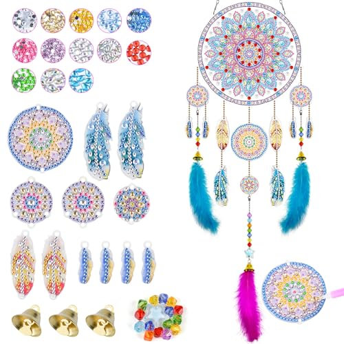 Zanfqvo traumfänger bastelset kinder basteln, basteln mädchen 6-12 Jahre, Bastelset Kinder Diamond Painting Traumfänger, Mosaik bastelset, Diamant-Malen nach Zahlen Kunstsets für Mädchen Kinder