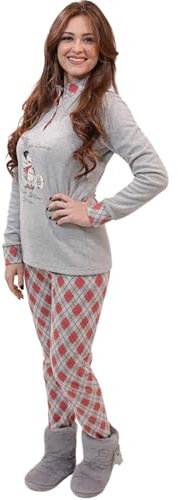 Leo Corsetteria Pigiama per Donna Pile Caldo Giovane Invernale Collo Alto con Bottoni con Polsini Fantasia sciatrice Neve Rombi Rosso Misura XL