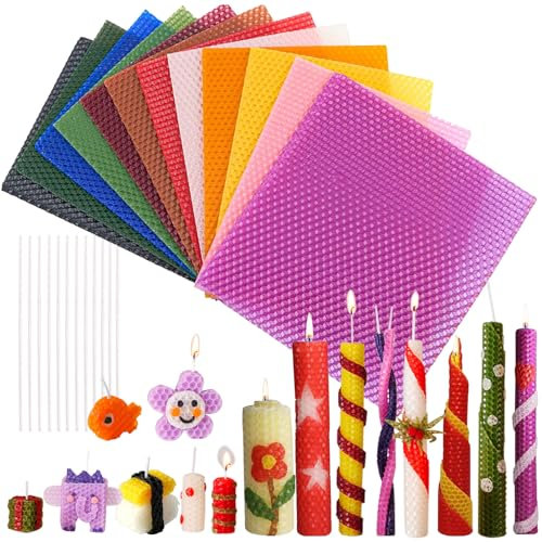 VUL Bienenwachsplatten für Kerzen, 12 Stück Farbenfrohe Wachsplatten für Kerzen, 20 x 20cm DIY Kerzen Machen Kit mit Baumwolldocht Bienenwachsblätter zur Kerzenherstellung