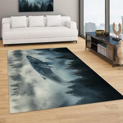GDJSMIN Teppich Wohnzimmer Abstrakten Nebelwald Mustern majestätischer Wal Kurzflor Teppich Schlafzimmer Pflegeleicht und Extra Weich - 200x300cm Teppich für Esszimmer Kinderzimmer Flur