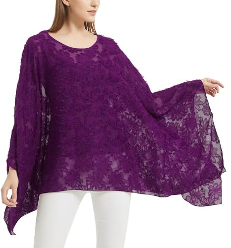 CuteSwan Damen-Kaftan-Tunika, Chiffon, Lagenlook, Fledermausärmel, lässig, lockerer Kaftan, Gänseblümchen-Quaste, Violett, One Size Plus