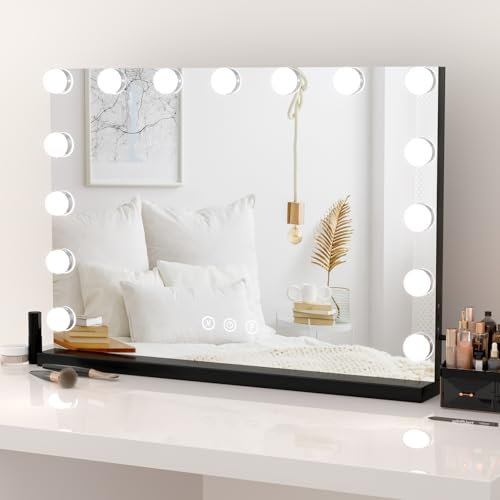 Dripex Hollywood Schminktischspiegel, Schminkspiegel mit 15 Lampen und 3 Farbtemperatur Licht, Hollywood Spiegel mit Beleuchtung, Kosmetikspiegel mit Touch Steuerung, 58 x 45 cm Schwarz