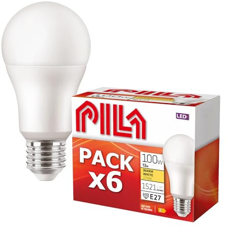 PILA 6er-Pack High Flux-LED-Lampen, Fat-Sockel (E27), 13 W (= 100 W Glühlampe), 1521 Lumen, nicht dimmbar, warmweißes Licht (2700 K), CRI80, 15.000 Stunden Lebensdauer
