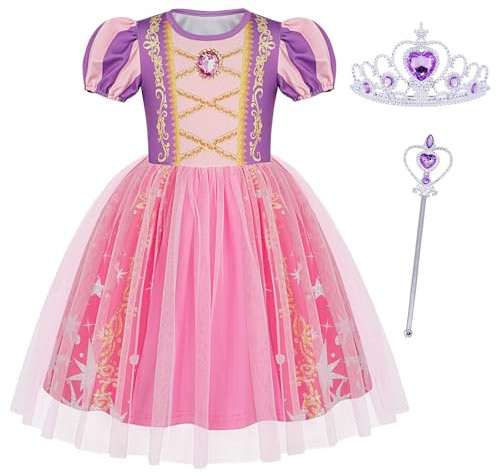 Berich Déguisement de princesse violet avec couronne pour filles, tenue d'Halloween, cadeau de Noël, costume de la journée mondiale du livre pour filles, robe de princesse de 5 à 6 ans (violet, 130)