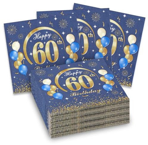 60 Stück Servietten 60 Geburtstag Blau Servietten Gold Tischläufer Deko Papierservietten Happy Birthday Geburtstagsservietten für Mann Frau 60. Geburtstag 33 x 33 cm