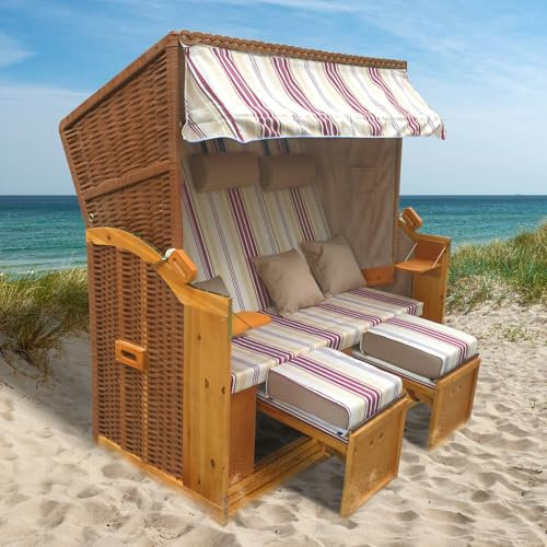 BRAST® Strandkorb Usedom 3-Sitzer XXL für 2-3 Personen | 165cm breit | 5 Designs | inkl. wetterfeste Abdeckhaube | verstellbare Rückenlehne Fußkissen | Rot/Beige - gestreift