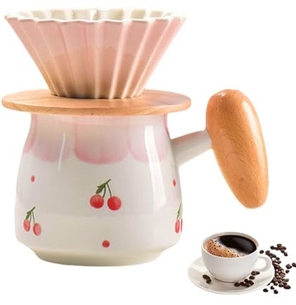 Mafagwre Porte Filtre Café en Céramique, Goutteur De Café en Porcelaine Réutilisable, Filtre À Café Manuelle avec Manche en Bois, Ctasse À Café Filtre Manuelle, Cafetière en Céramique (Cherry)
