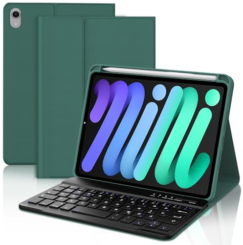 WAVATA Tastatur für iPad mini 7 8.3 2024 (A17 Pro), Hülle mit Tastatur für iPad mini 6 2021 Magnetisch Abnehmbare Bluetooth Kabellose QWERTZ Layout, Dunkelgrün
