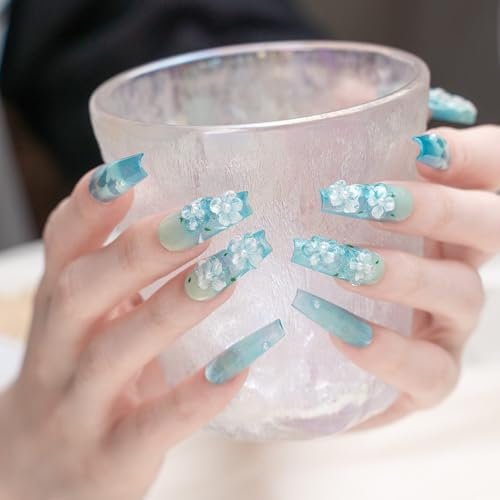 Sun&Beam Nails Handmade Press-on Medium Long Coffin Ballerina Blue 3D Flower Minimalist Design Fashion False Nail Tips 10 Pcs Set (#245 XS)