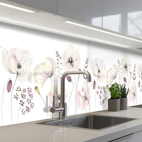 KitchenYeah© Spritzschutz Küchenrückwand Küche Abwaschbar Selbstklebend | 60x300 cm - Küchenwand Küchenfront Küchen Rückenwand Wandschutz Blumen - Pastell - Pflanzen - Weiß