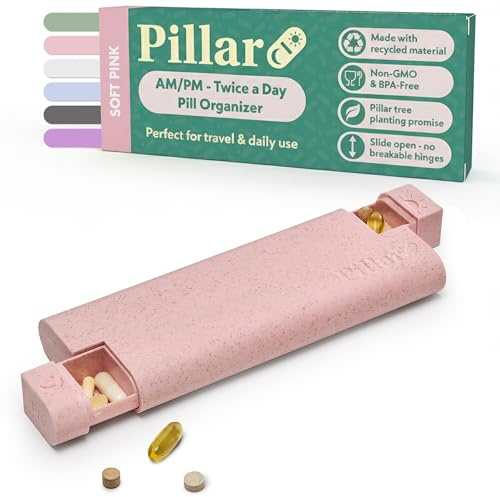 Pillar AM/PM Pill Organiser 2 Times a Day - Aesthetic Weekly Pill Box | Perfect for daily use and travel, Day and Night trays, Soft Pink, Beautiful design, Great as a supplement organiser