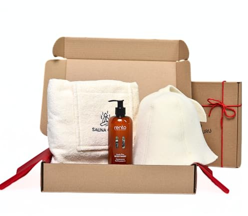 SAUNA GURU Sauna Geschenkset für Damen – Saunahut & Sauna Kilt Handtuch aus Naturmaterialien mit pflegendem Duschgel – Sauna Zubehör Set für Entspannung, Pflege & Wellness – Geschenk für Sie