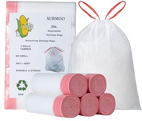 AURMOO 120x Reißfest Müllbeutel 25L mit Zugband, Abbaubar Biomüllbeutel, | Abbaubar Müllbeutel, Tropfsichere Mülltüten für Hausmüll, Reißfeste Bio-beutel für Mülleimer, Bin Liners, 50 x 60cm