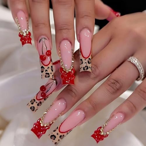 24PCS Cherry Leopard Press On Nails, Long Coffin, Glossy Rhinestone Tips | Cherry and leopard nail art, rhinestone accents, for parties, celebrations, photoshoots and special occasions