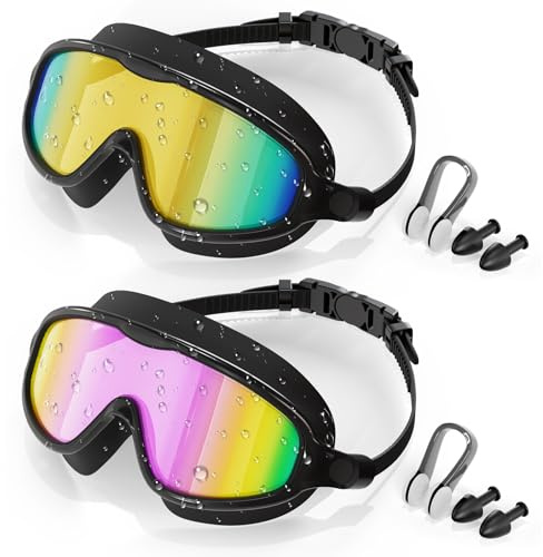Aegend Swim Goggles for Adult Youth - 2 Pack Wide View Anti-Fog Anti-UV Swimming Goggles for Men & Women (Aqua & Birght Rose)