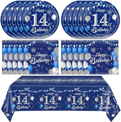 14th Blue Birthday Decorations for Men Boys Women Girls, 41PCS Blue and Silver Happy Birthday Party Decorations Including Happy Birthday Plates and Napkins Tablecloth, Serve 20