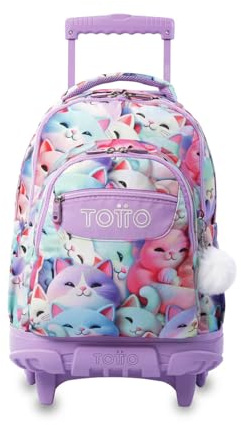 TOTTO - Mochila Escolar con Ruedas, Modelo Renglones, Capacidad 26,21 Litros, Bolsillo para PC 15,4, Bolsillo Botella, Correas en S para Mayor Comodidad, Resistente, Estampado Mewsy 3D