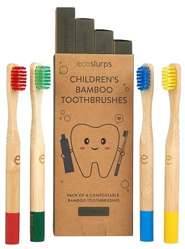 EcoSlurps Bambus-Zahnbürsten - Bambus Zahnbürste Multipack biologisch abbaubar toothbrushes (4 Kids, multi-colored)