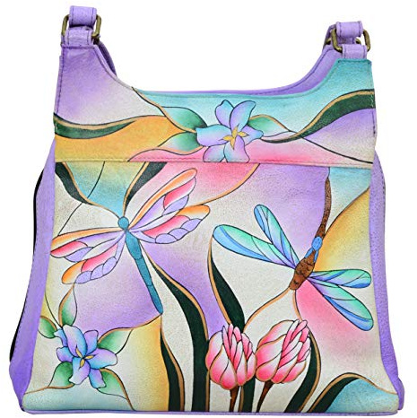 Anuschka Anna Sac à main en cuir véritable, (Moyen, peinture sur verre libellule.), Taille unique