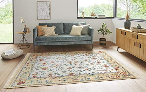 Nouristan Naveh Orient Teppich – Wohnzimmerteppich Orientalisch Kurzflor mit Fransen Vintage Orientalischer Samt-Teppich für Esszimmer, Wohnzimmer, Schlafzimmer – Creme Cord, 195x300cm