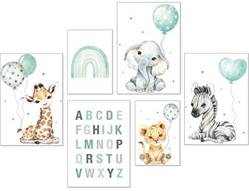 artpin® Poster Set DIN A3 Bilder Kinderzimmer Deko Mädchen Junge - Babyzimmer Bilderwand 4X A3 & 2X A4 - Regenbogen ABC Safari Tiere Mint P70