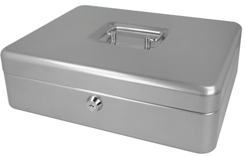 Westcott Cassetta portavalori con serratura Westcott (grande, 30 cm) argento | Cassetta con serratura in lamiera d'acciaio con 2 chiavi | Inserto rimovibile per monete con 5 scomparti | E-51002 SILVER