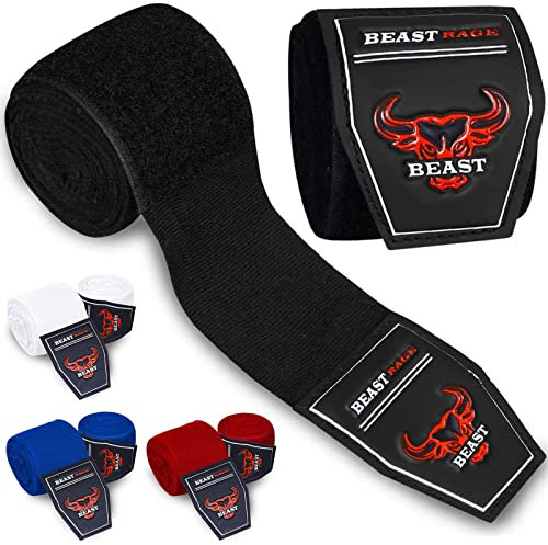 BEAST RAGE Box-Handbandagen,2,5/4,5 Meter, Kampfsport-Bandagen, Innenhandschuhe, Handgelenkstützgurte,Schlagen unter den Handknöcheln,schwere elastische Trainingstasche (Schwarz, 4.5 M)