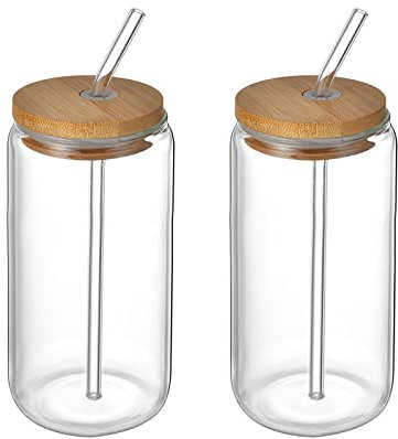 Julyue Bierdosen-Glas mit Bambusdeckel und Strohhalm, 580 ml, wiederverwendbare Glasbecher, Cola-Dose, Glas für Smoothies, Tee, Cola, Saft, Limo, 2 Stück