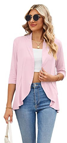 Famulily Cardigan estivo da donna con maniche a 3/4, leggero drappeggiato scialle sciolto camicetta casual cardigan con volant aperto sul davanti, rosa, XXL