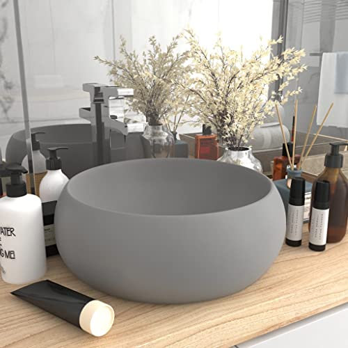 WIFESE Lavandino Lusso Rotondo Grigio Chiaro Opaco 40x15cm in Ceramica Da Appoggio - Lavabo Bagno Lavatoio