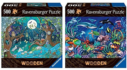 Ravensburger WOODEN Puzzle 17516 - Fantasy Forest - 500 Teile Holzpuzzle ab 14 Jahren & WOODEN Puzzle 17515 - Unten im Meer - 500 Teile Holzpuzzle für Kinder und Erwachsene ab 14 Jahre