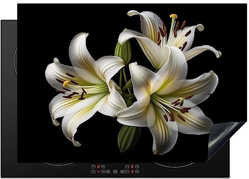 KitchenYeah© Copri Piano Cottura 75x52 cm Coprifornelli Tappetino per Induzione Fornello Tutto per la Cucina Gigli - Fiori - Bianco - Naturale - Botanico