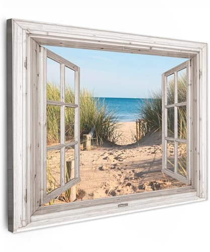 MuchoWow© Bilder 80x60 cm Wohnzimmer Deko Modern Wandbild Foto auf Leinwand Bild Schlafzimmer Room Decor Geschenke Fensterblick - Strand - Meer - Dünen - Sand - Wasser - Dünengras