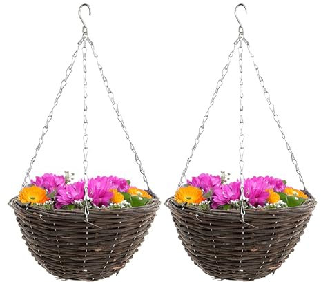 ADEPTNA Set of 2 Round Garden Hanging Baskets with Lined - Natural Basket Hanging Plants Wall Flower Planter Pot with Detachable Hanging Chain for Home Garden Decoration (14’’ RATTAN BASKETS)