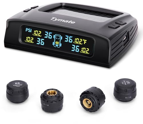 Tymate TM2 RV Tire Pressure Monitoring System, Tire Pressure Monitor with Solar Charge, TPMS with 4 Sensors(Max. 10) & 6 Alarm Modes, New Updated w/Color LCD Display, 0-87PSI for RV/Trailer/Truck/SUV