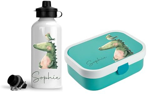 wolga-kreativ personalisierte Mepal Campus Kinder Brotdose und Trinkflasche für Mädchen Jungen Krokodil Lunchbox Pausenset Fächer Unterteilung Schule und Kindergarten