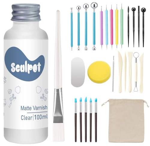 29Pcs Tonglasur mit lufttrocknendem Ton Werkzeug Set, Clay Varnish für Matt, Kratzfest, Wasserfest, Töpfer Modellierwerkzeug für Bildhauerei, Modellierung, Gestaltung (matt)